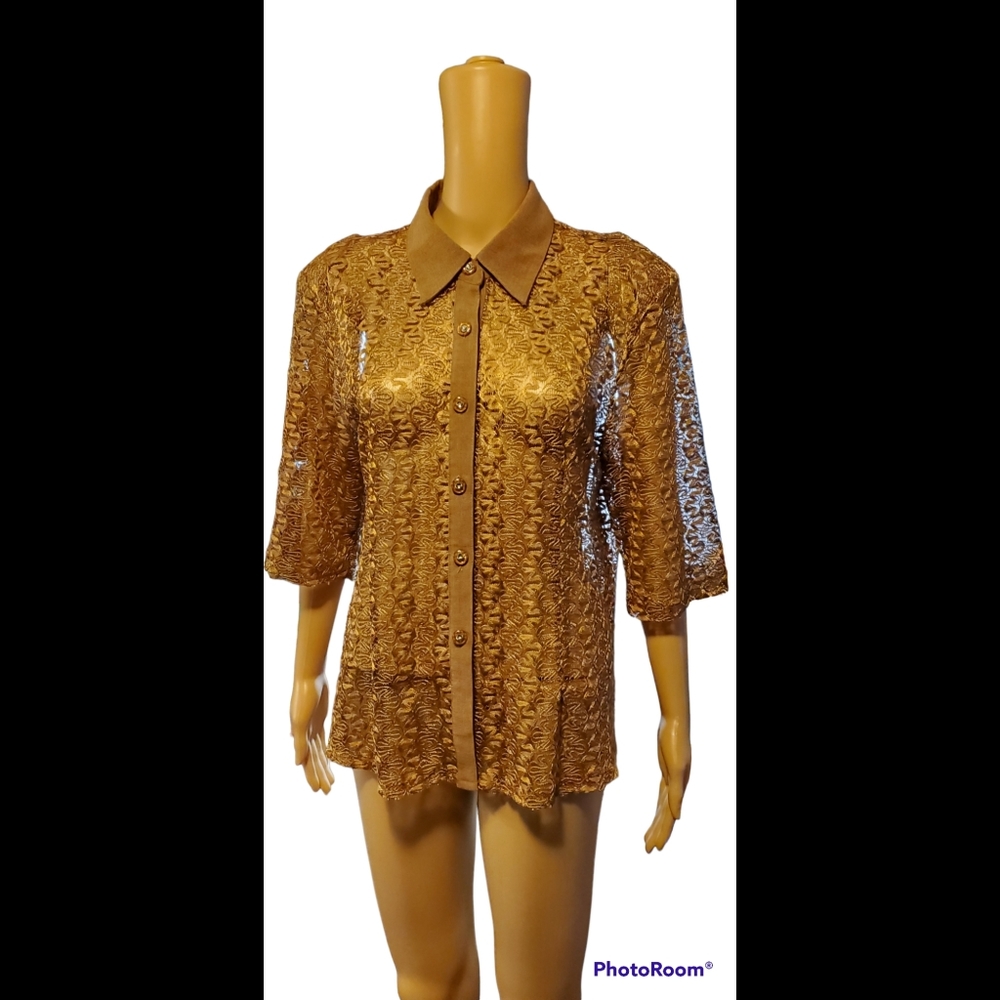 SMILE Brand Metallic Woven Lace Button Down Shirt Size XXXL